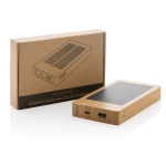 Powerbank van 100% bamboe met oplaadbaar zonnepaneel van 10.000 mAh kleur bruin weergave met doos