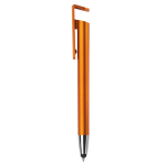 Plastic pen met stylus en telefoonhouder met blauwe inkt kleur oranje derde weergave