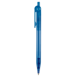 Transparante plastic pen met detail op de drukknop kleur doorzichtig blauw derde weergave