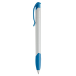 Witte plastic pen met gekleurde gebogen clip gemaakt in de EU kleur wit/blauw derde weergave