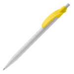 Witte plastic pen met gekleurde gebogen clip kleur geel