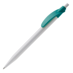 Witte plastic pen met gekleurde gebogen clip kleur turkoois