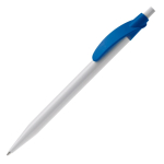 Witte plastic pen met gekleurde gebogen clip kleur koningsblauw