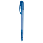 Transparante gekleurde plastic pen met gebogen clip kleur blauw vierde weergave