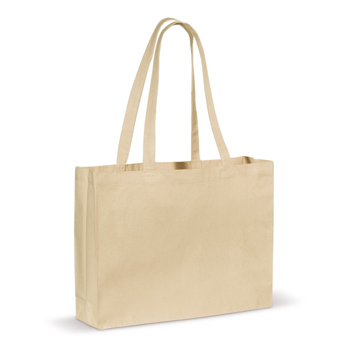 Katoenen tas met OEKO-TEX certificering en zijvouw 280 g/m2 kleur beige