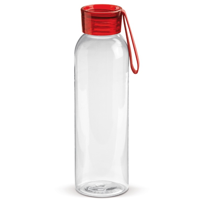 Plastic fles met dop en gekleurd draaghandvat 600ml kleur doorzichtig rood