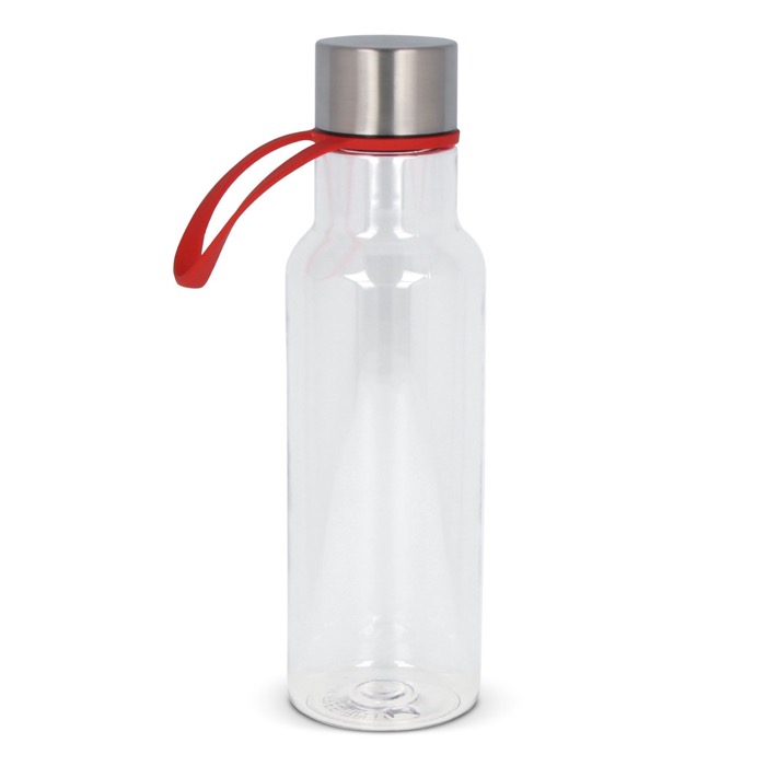 Transparante RPET fles met rubberen draaggreep 600ml kleur rood