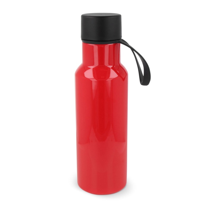 RPET fles met gekleurde rubberen draaggreep 600ml kleur rood