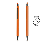 Aluminium balpen met rubberen body en stylus, blauwe inkt kleur oranje