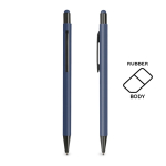 Aluminium balpen met rubberen body en stylus, blauwe inkt kleur marineblauw