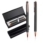 Set van balpen en vulpotlood met metalen details, blauwe inkt kleur rose gold