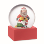 Glazen bol met een kerstman erin en basis van polystone kleur rood