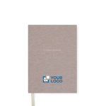 Notitieboek van gerecycled papier met stoffen hoes en bladwijzer, A5 kleur beige met afdrukgebied