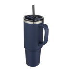 Koffiebeker met vacuümgeïsoleerde koperen dubbele wand en rietje 1,2L kleur marineblauw