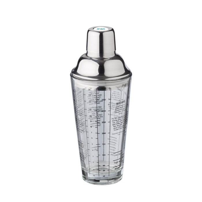 Glazen cocktailshaker met gedrukte afmetingen en cocktailrecepten 400ml