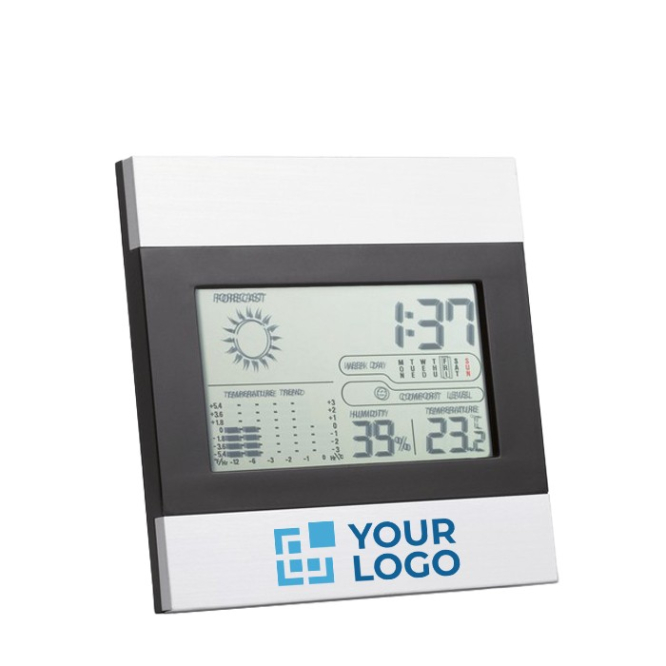 Weerstation bedrukken voor promotie doeleinden Cloudy kleur mat zilver weergave met bedrukking