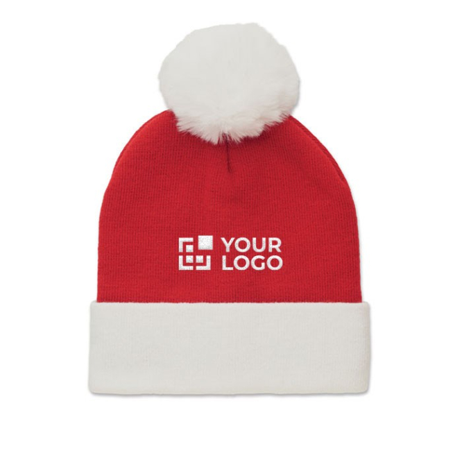 Gebreide kerstmuts met logo van PET-polyester met manchet en kwastje kleur rood weergave met bedrukking