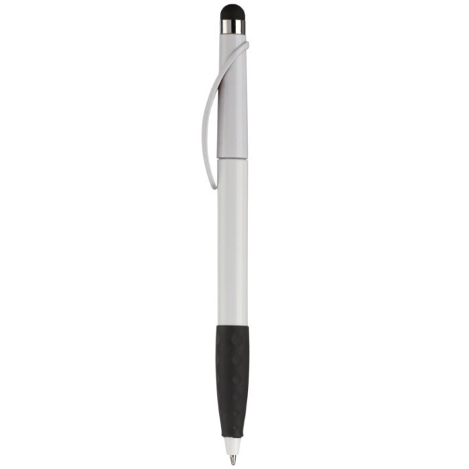 Plastic pen met stylus en gekleurde getextureerde grip