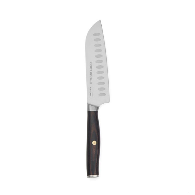 Santoku-mes van gerecycled rvs en hout met een lemmet van 14 cm kleur zilver met afdrukgebied