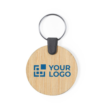 Ronde bamboe sleutelhanger met logo kleur naturel