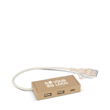 Hub van gerecycled papier met 2 USB-ingangen en een USB-C ingang met jouw bedrukking